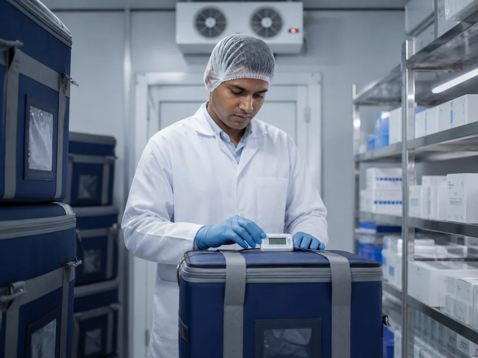 Cold-chain specialist checking a temperature logger on an insulated container