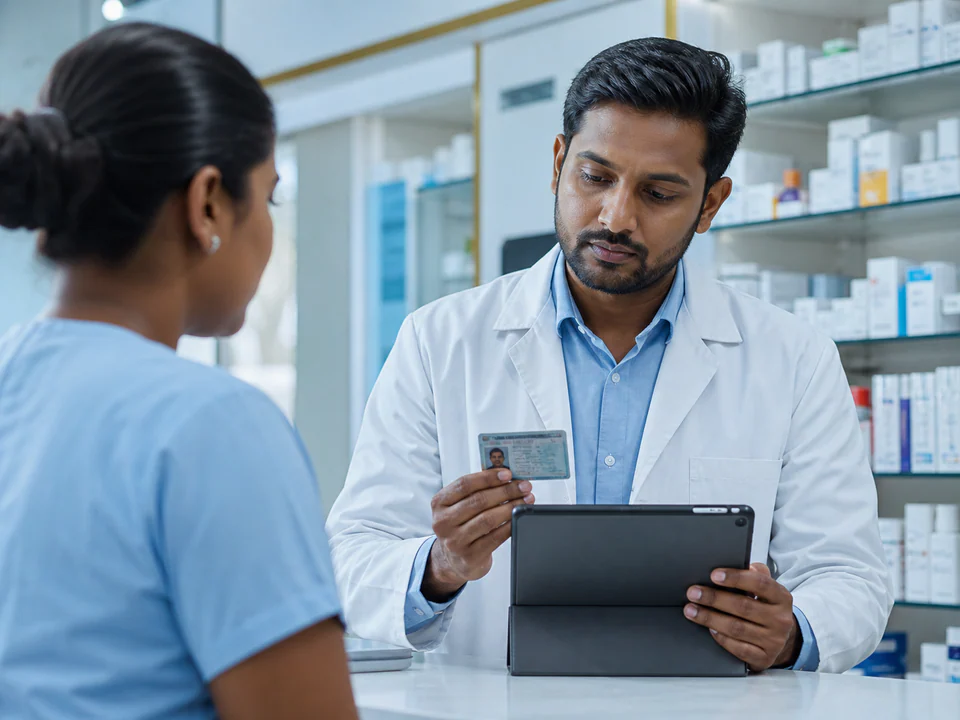 Pharmacist verifying a healthcare professional's credentials