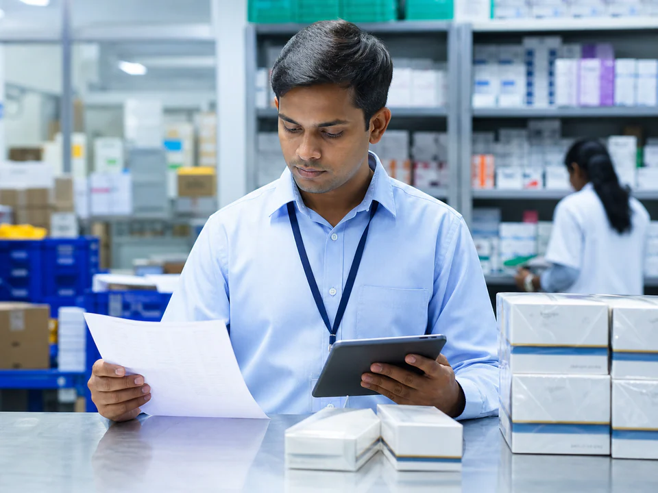 Pharmaceutical quality officer reviewing a compliance manifest