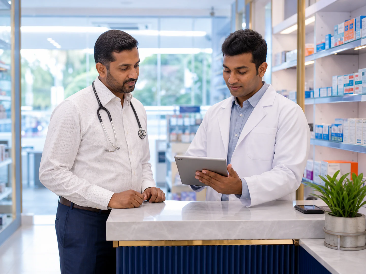 A healthcare professional completing credential verification with a pharmacist